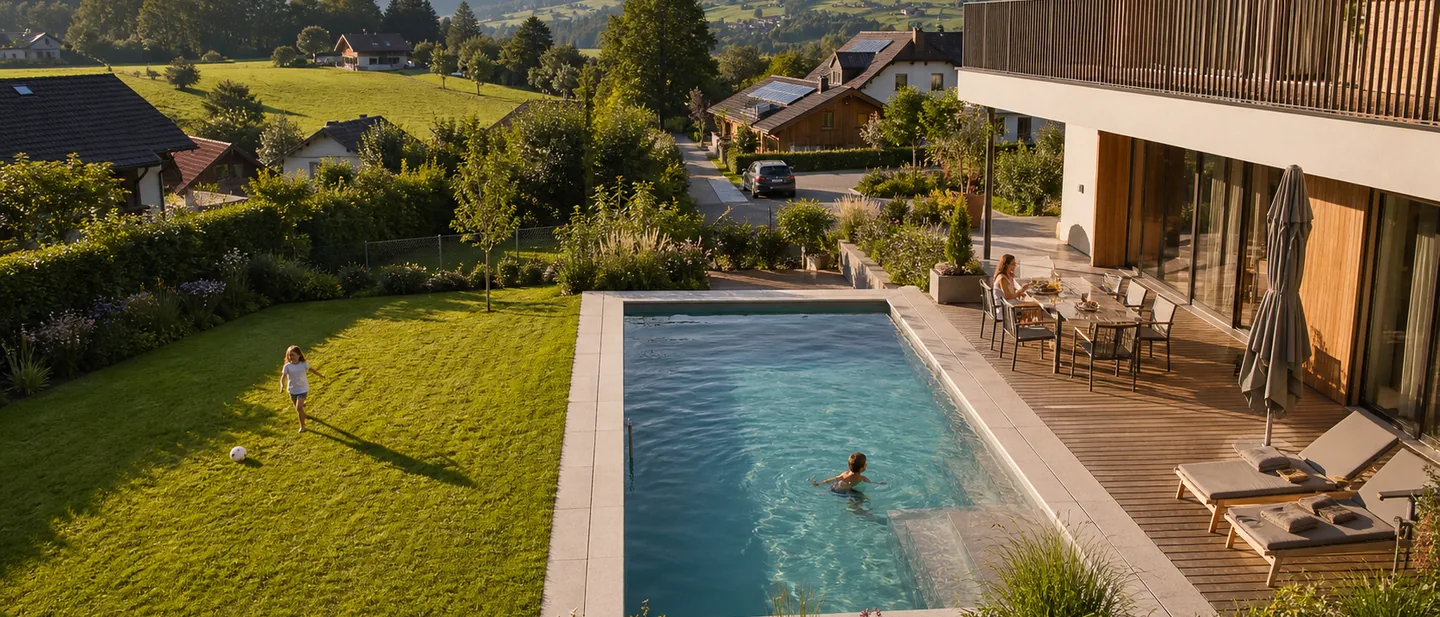 Erhöhte Perspektive auf Becken, Terrasse und verbleibenden Rasen