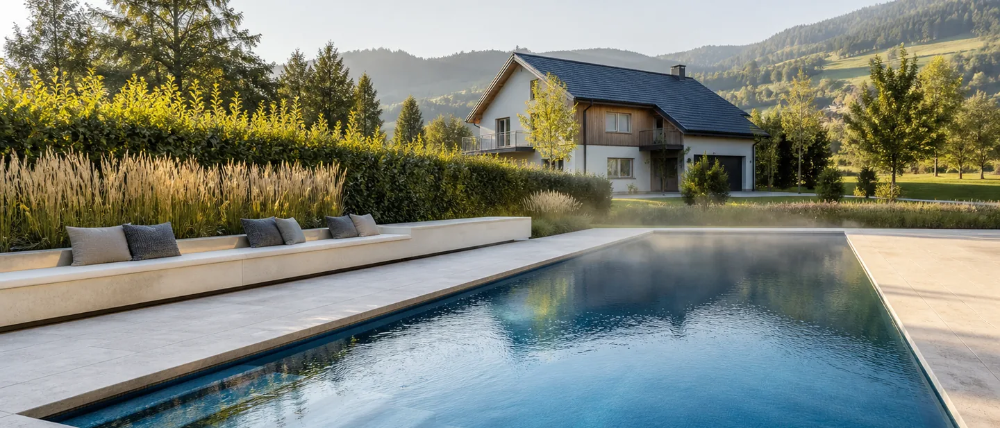 Rechteckiges Becken mit Natursteinterrasse und Sitzmauer, Morgennebel über dem Wasser