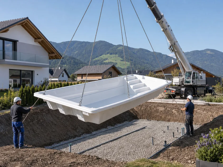 Autokran hebt ein Fertigbecken über die vorbereitete Baugrube mit Splittschicht