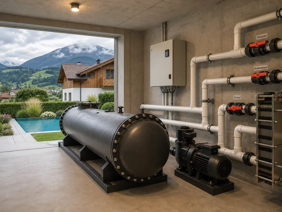 Technikraum mit Sandfilter, Pumpe, Wärmetauscher und beschrifteten Kugelhähnen