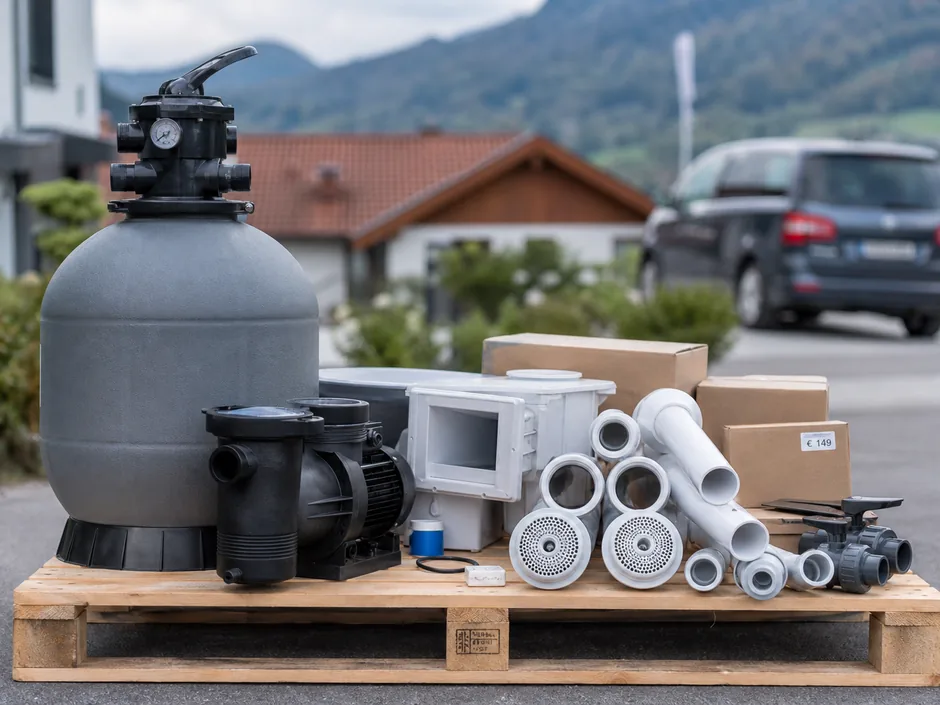 Ausgepacktes Technikpaket mit Filterkessel, Pumpe, Skimmer und Verrohrungsteilen
