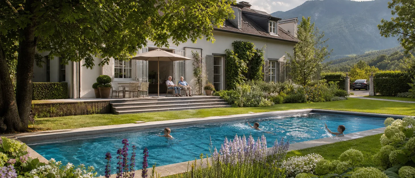 Gepflegtes Becken in einem eingewachsenen Garten, Enkelkinder im Wasser