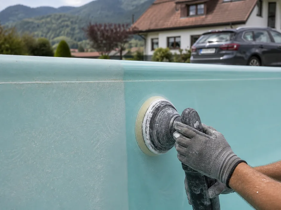 Handwerker poliert die Gelcoat-Oberfläche einer leeren Beckenwand