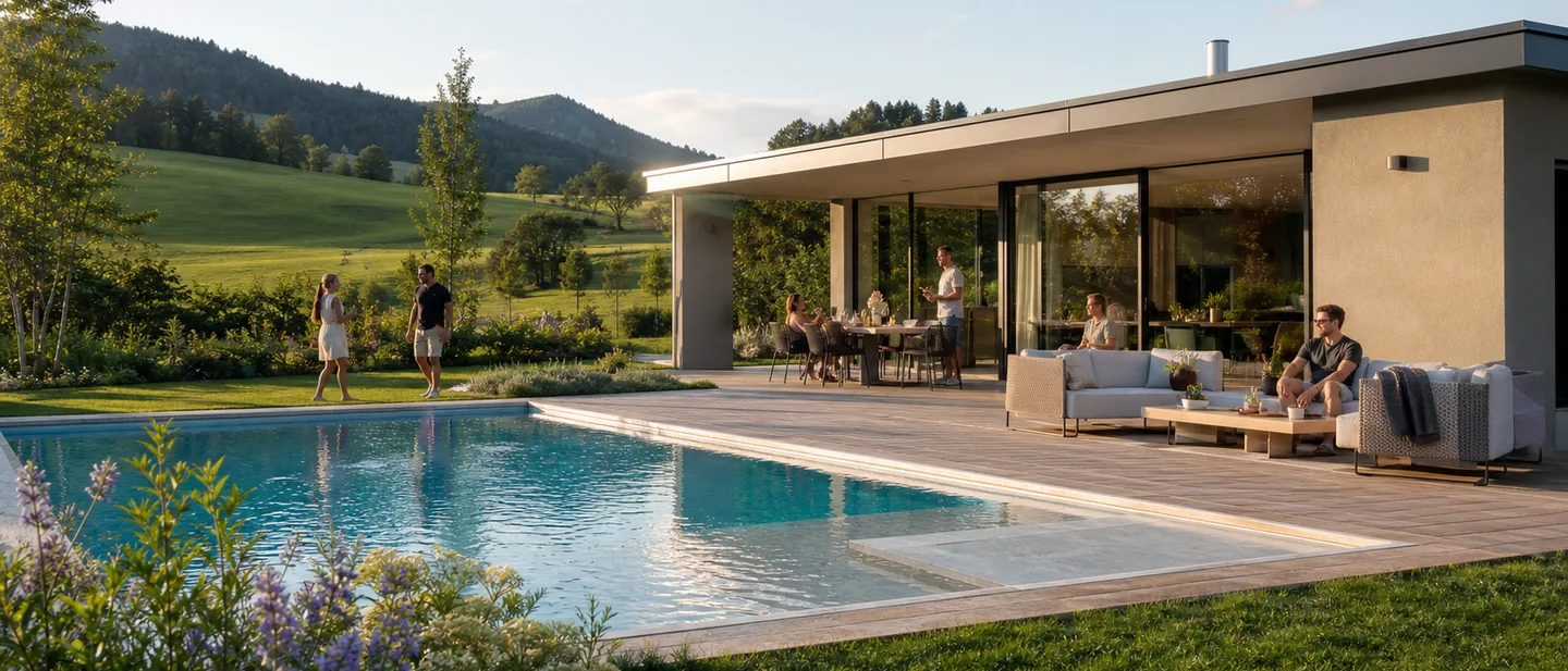 Garten mit rechteckigem Becken, Holzterrasse und Sitzgruppe