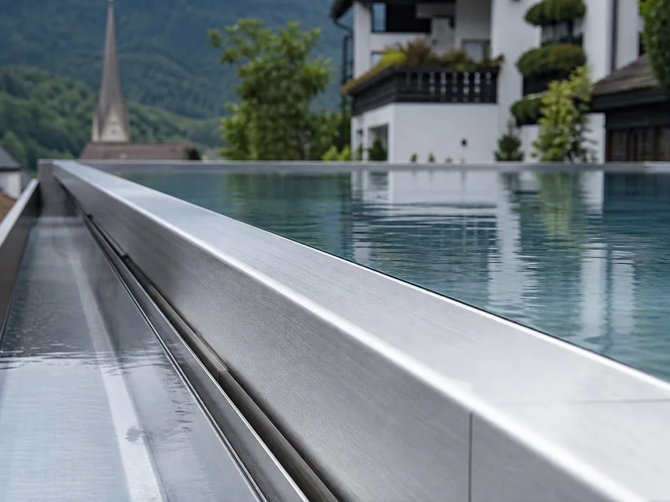 Edelstahlbecken mit gebürsteter Wand und schmaler Überlaufrinne