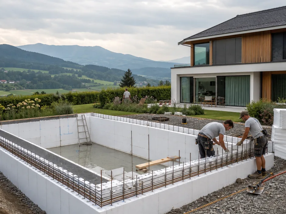 Baustelle eines Folienbeckens mit Wänden aus Styroporsteinen
