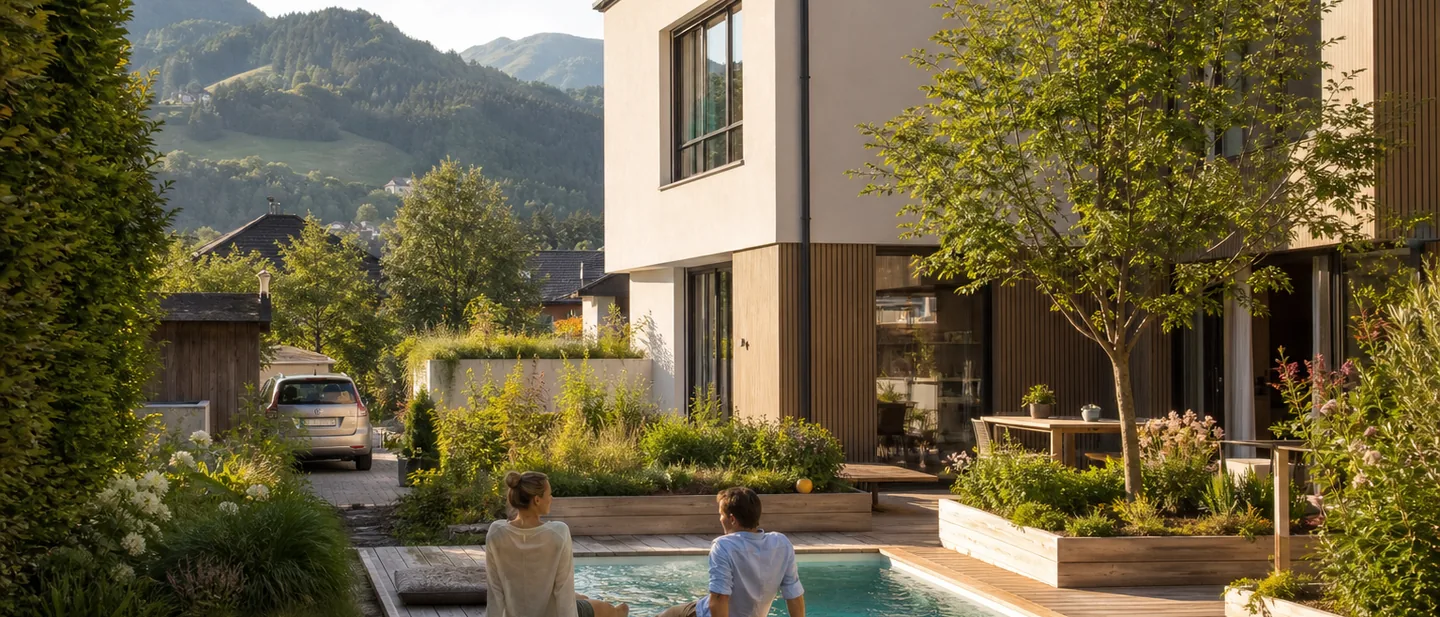 Kleines Becken in einem schmalen Stadtgarten mit Holzterrasse und Hochbeeten