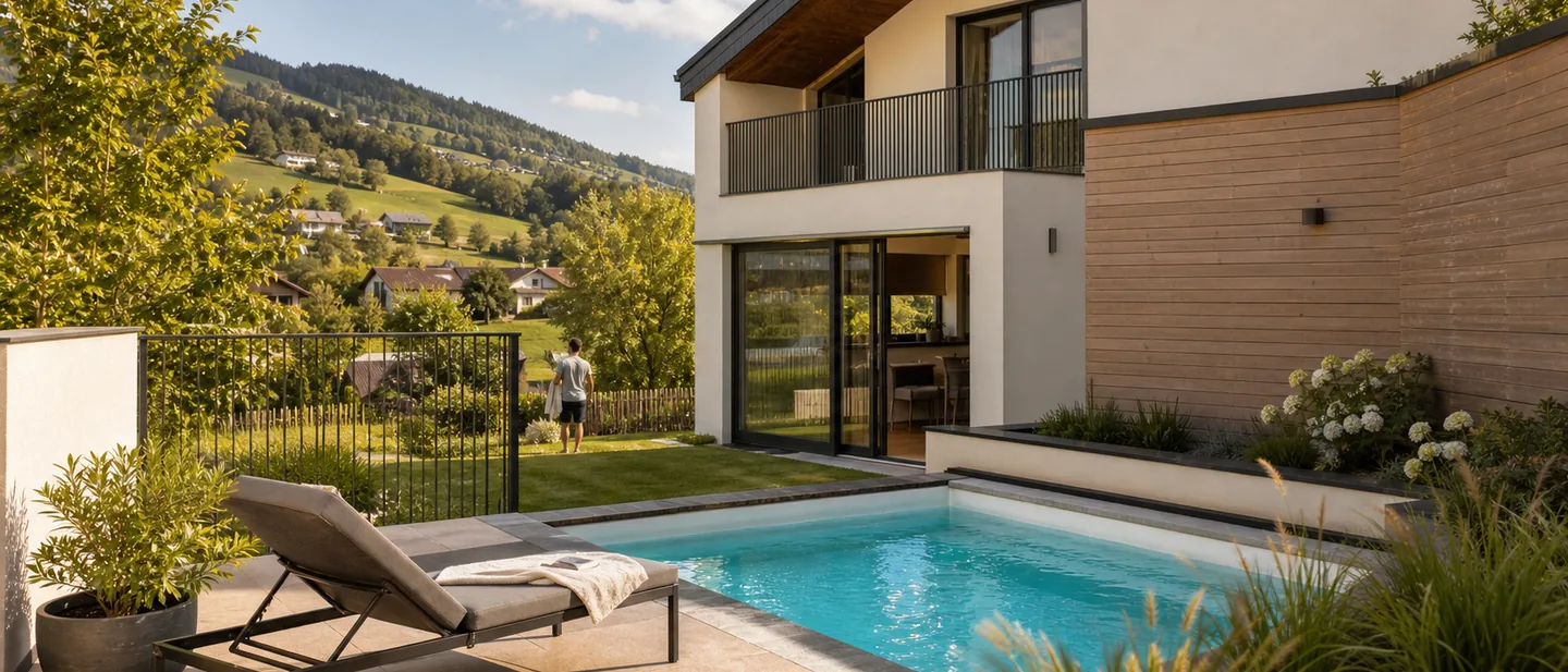 Mini-Pool in einem Innenhof mit Sichtschutzwand und Liegestuhl