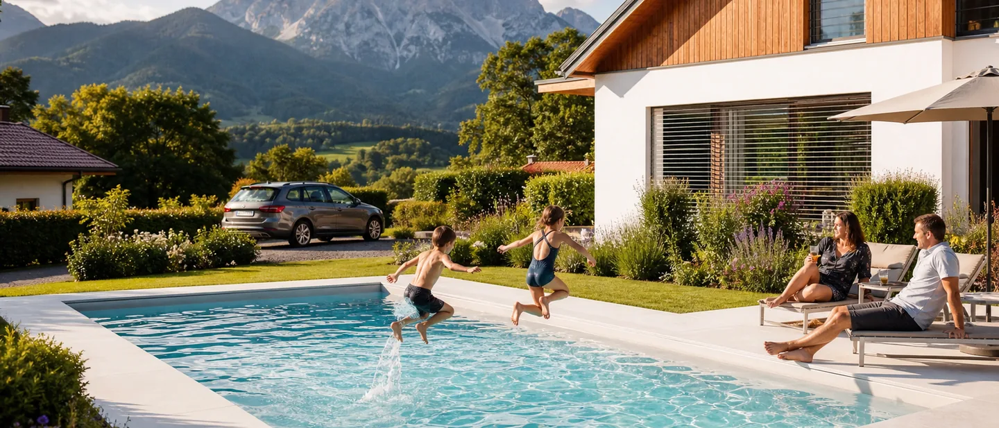 Makellos gepflegtes Becken mit klarem Wasser, Kinder springen hinein