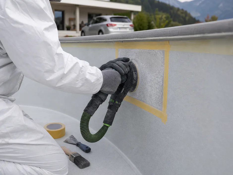 Handwerker schleift die schadhafte Stelle einer leeren Beckenwand ab