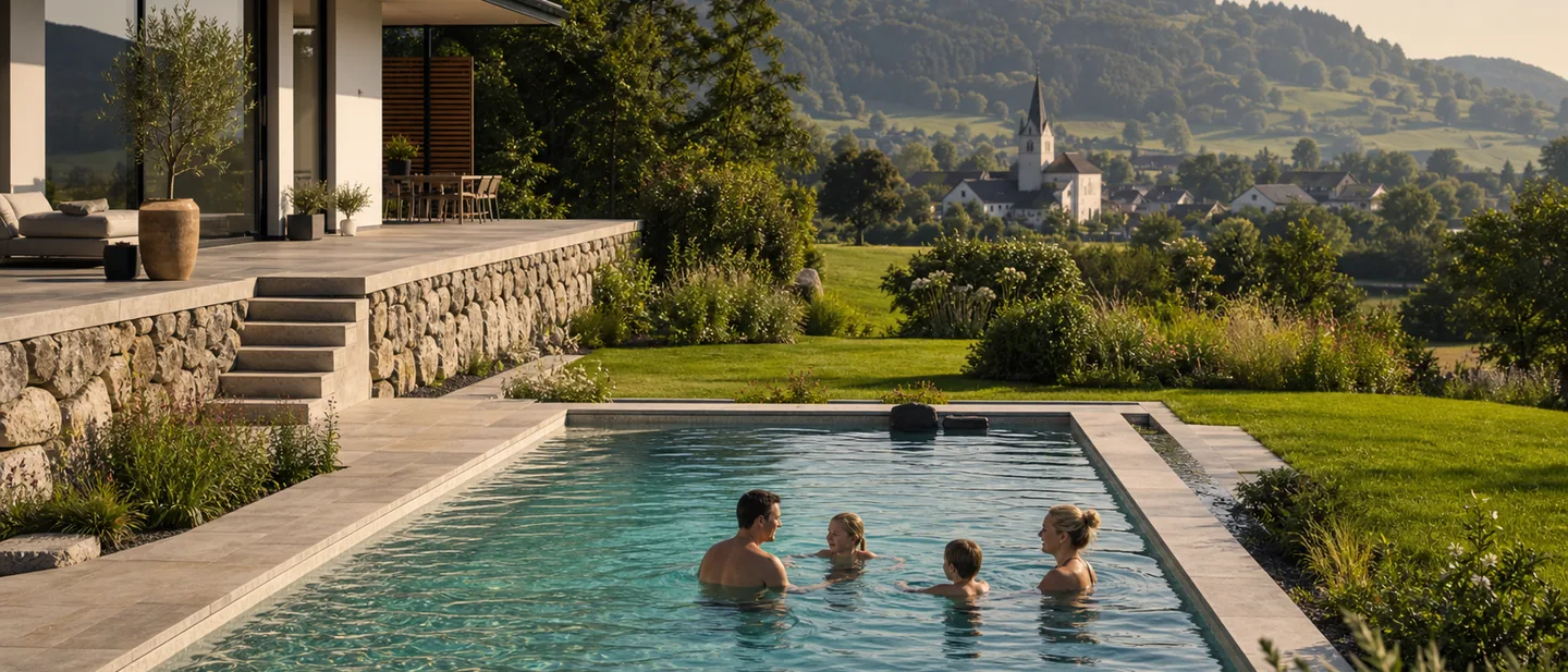 Familie am Nachmittag im glasklaren Becken, ringsum gepflegte Terrasse