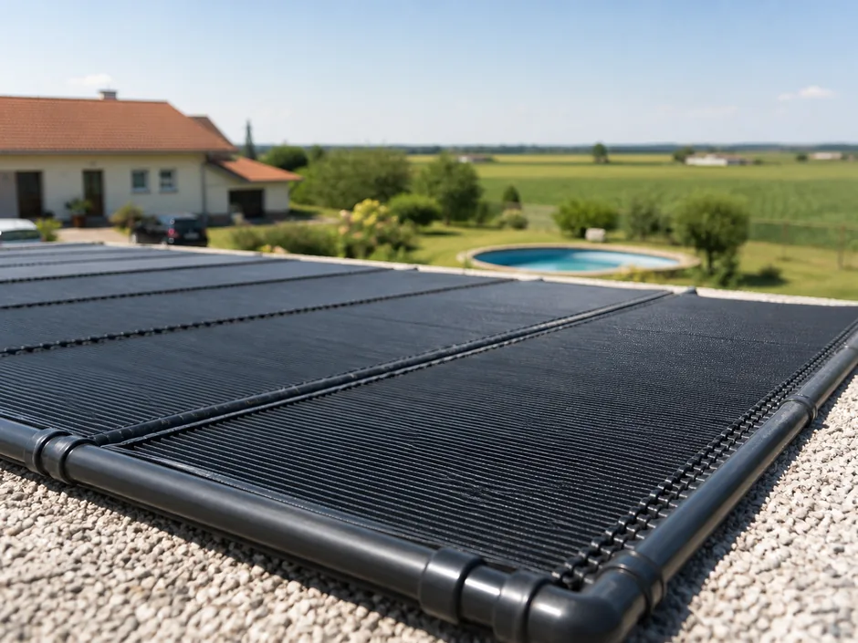 Solarabsorber auf einem flachen Garagendach neben einem Gartenbecken