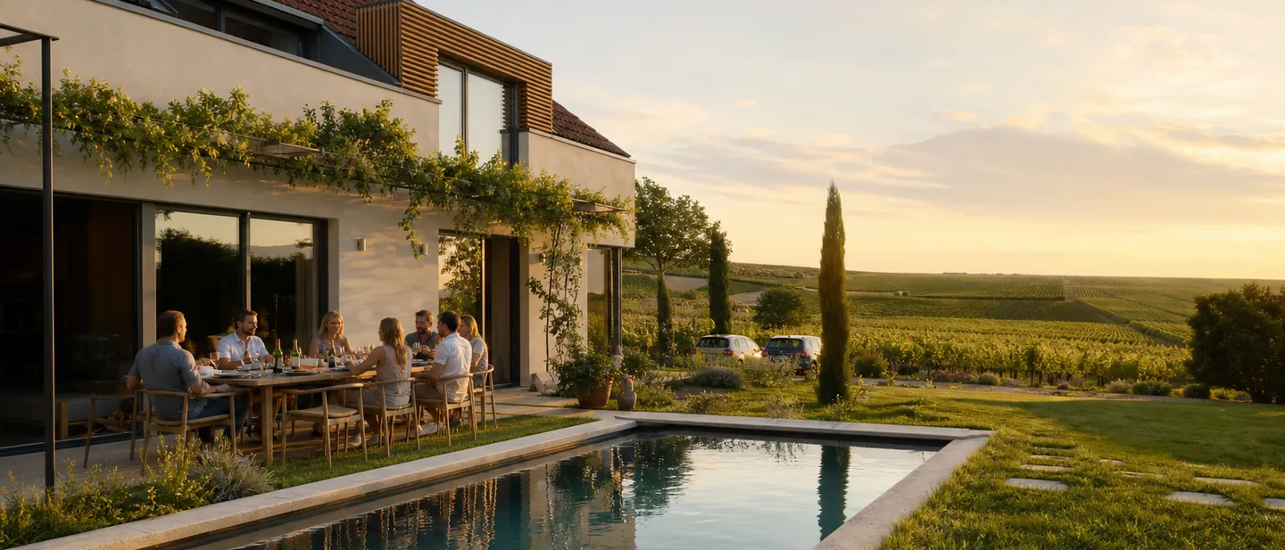 Freunde an einem langen Tisch neben einem Gartenbecken im Burgenland am Sommerabend