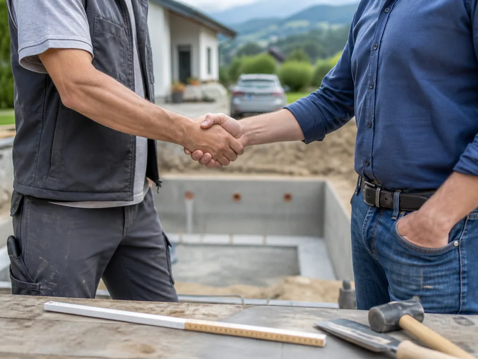 Handschlag zwischen Handwerker und Bauherr am Rand einer frisch ausgehobenen Poolgrube