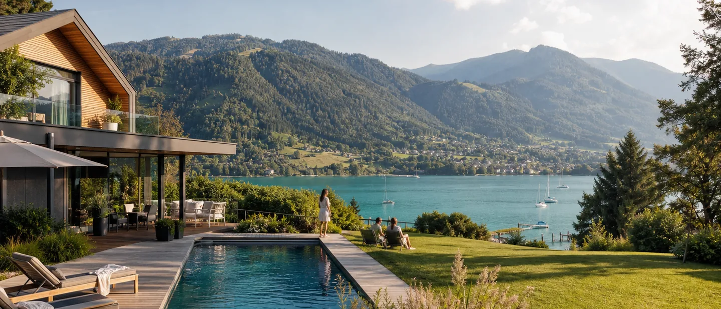 Becken mit Holzdeck im Garten eines Kärntner Hauses vor türkisgrünem See