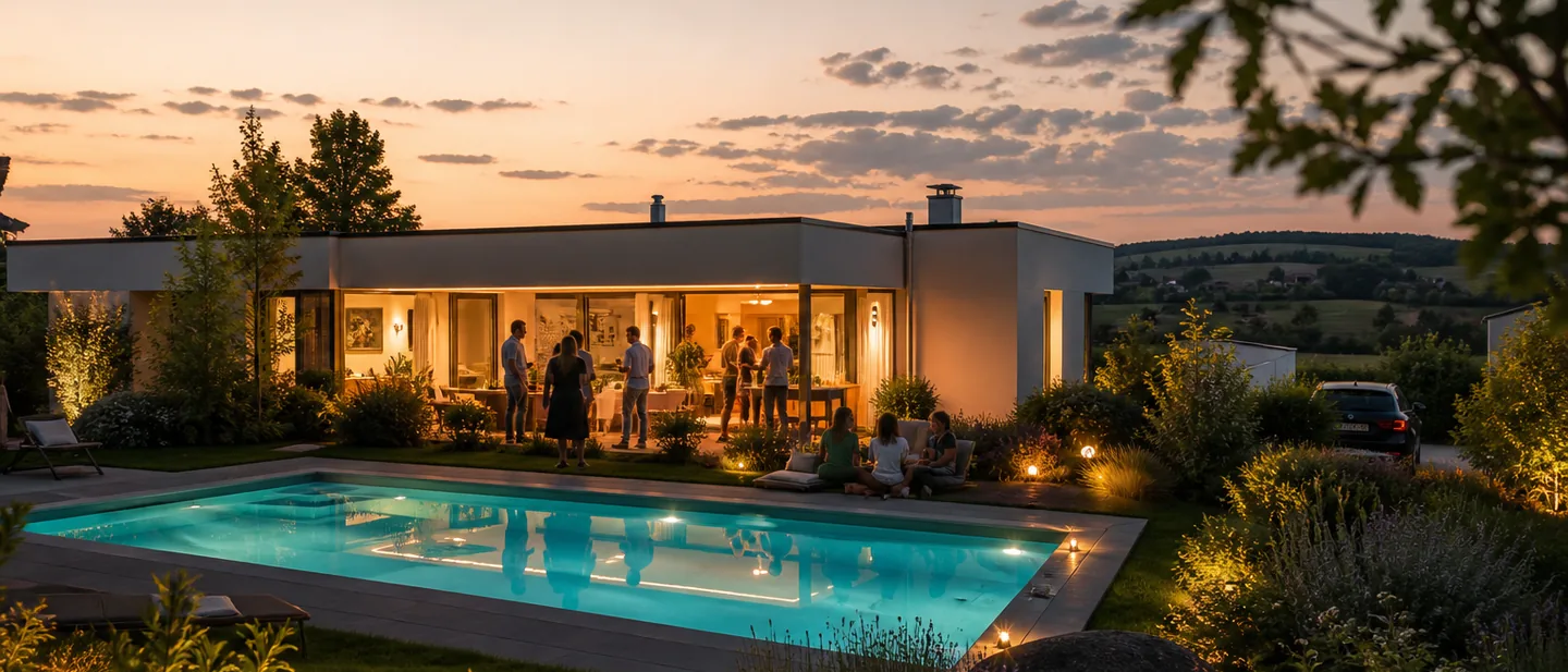 Gäste an einem Sommerabend rund um ein beleuchtetes Gartenbecken im Wiener Umland