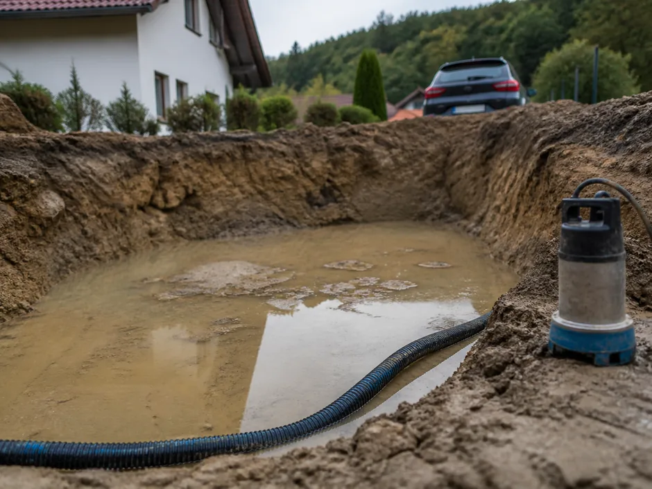 Poolgrube in lehmigem Boden mit Grundwasser am Grubenboden, Drainagerohr und Pumpe am Rand