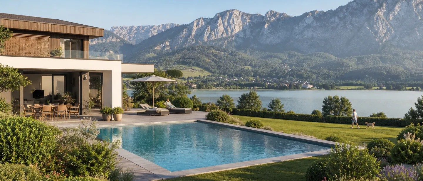 Becken auf einer Terrasse im Salzburger Flachgau vor See und Kalkalpen