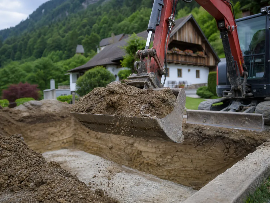 Bagger hebt eine Poolgrube aus, dahinter ein Bauernhaus und ein steiler bewaldeter Hang