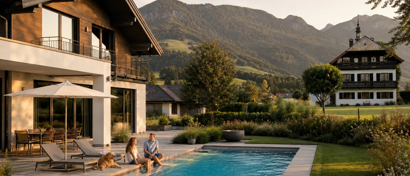 Paar mit Hund am Beckenrand vor einem Salzburger Landhaus im Abendlicht