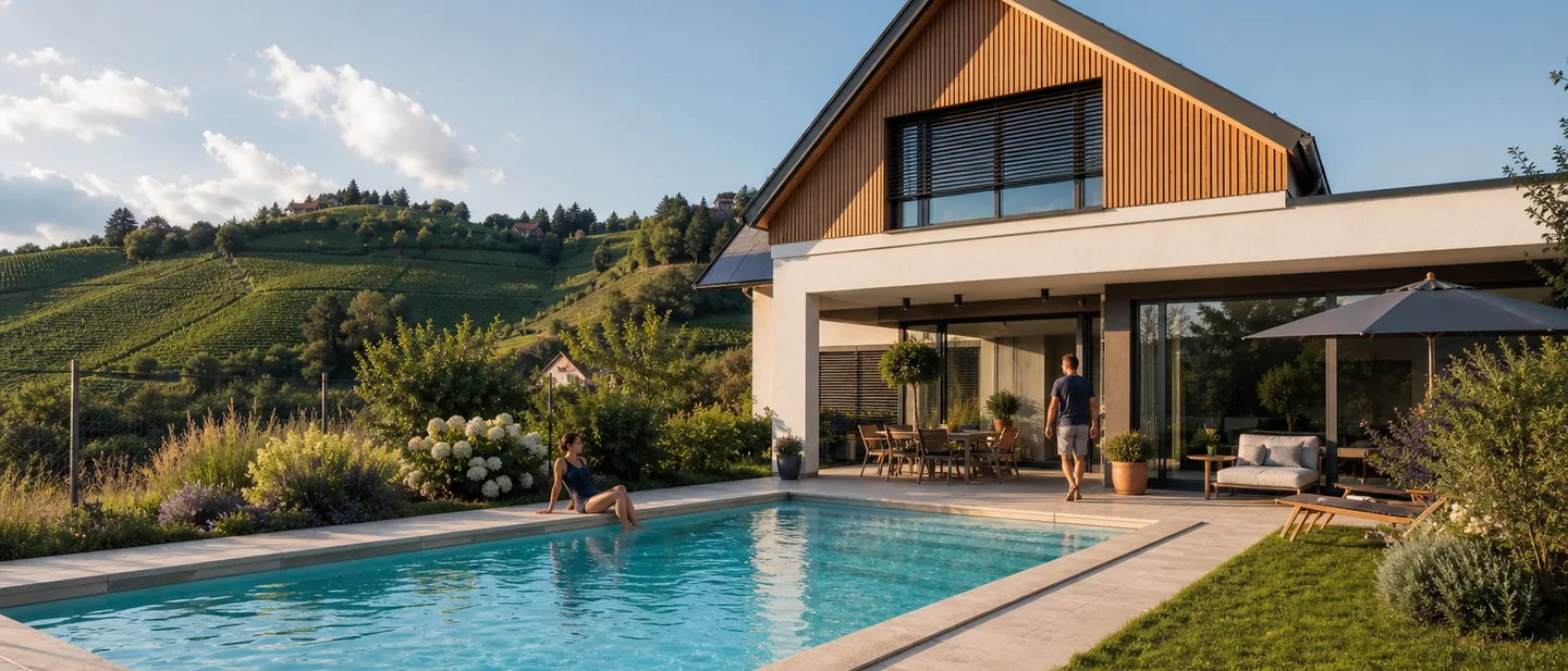 Fertiges Becken im Garten eines südsteirischen Hauses vor Weinberghügeln