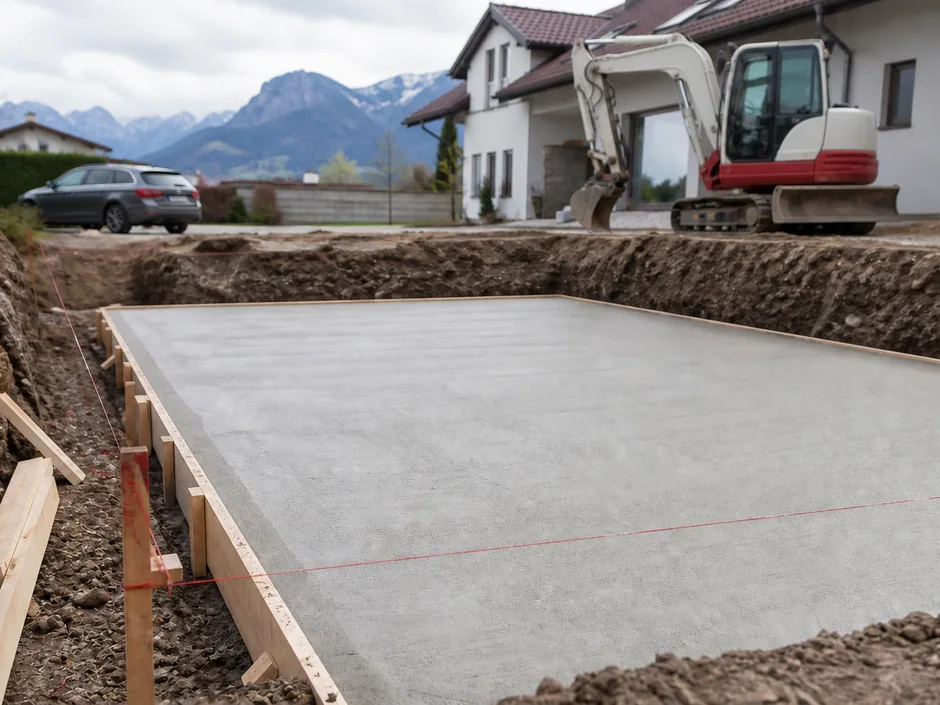 Ausgehobene Poolgrube mit abgezogener Betonsohle und Kleinbagger am Rand