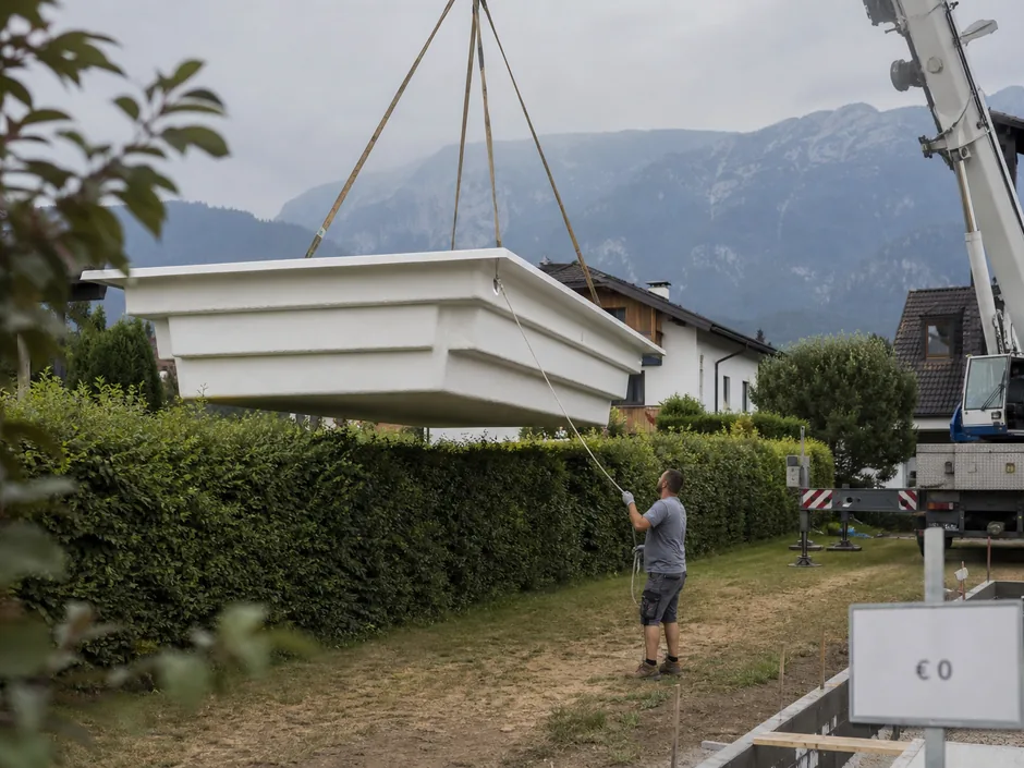Autokran hebt ein Fertigbecken über eine Hecke in einen schmalen Garten