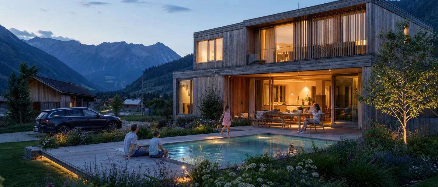 Familie am Becken vor einem Vorarlberger Holzhaus in der Abenddämmerung