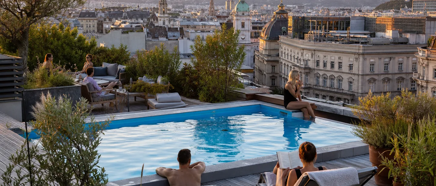Kleines Becken auf einer begrünten Dachterrasse über den Dächern der Stadt