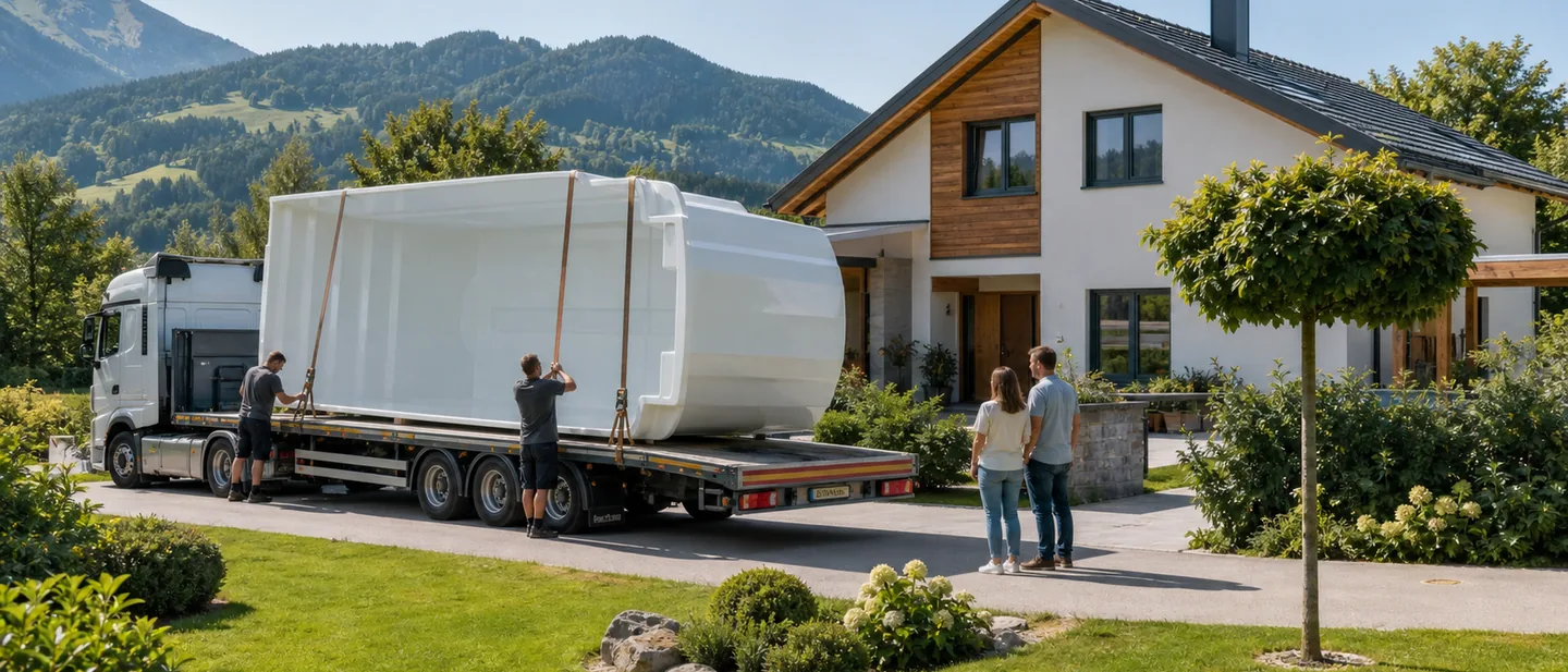 Tieflader mit einem weißen GFK-Fertigbecken vor der Einfahrt eines modernen Hauses