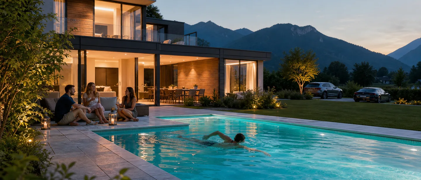 Freunde sitzen am Sommerabend auf der Terrasse am fertigen Becken