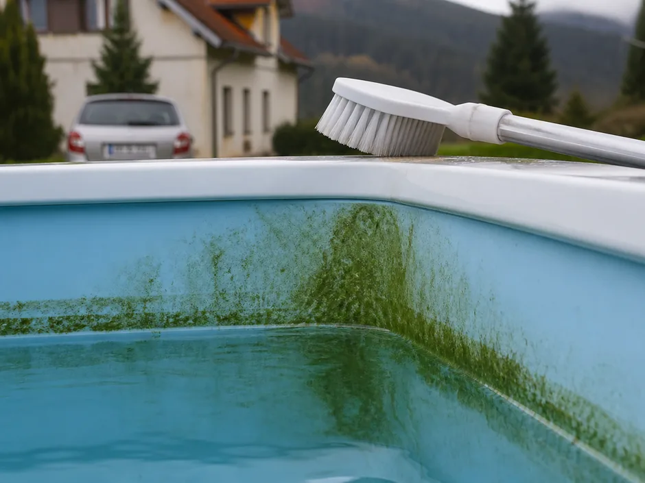 Grüner Algenbelag in einer Beckenecke, die Bürste liegt bereit