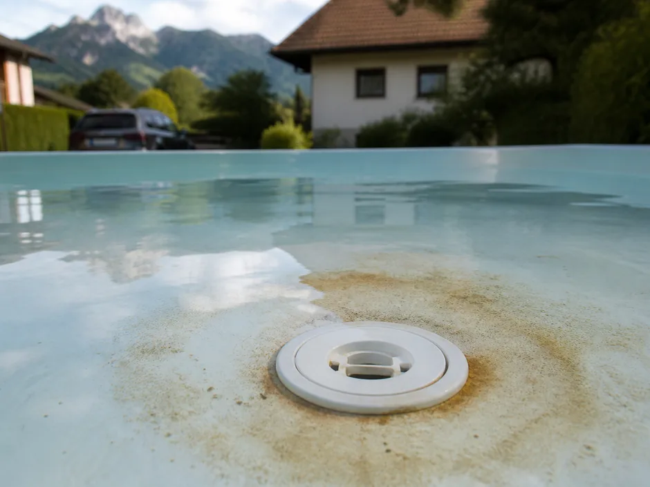 Bräunliche Metallausfällung am Beckenboden rund um eine Einlaufdüse