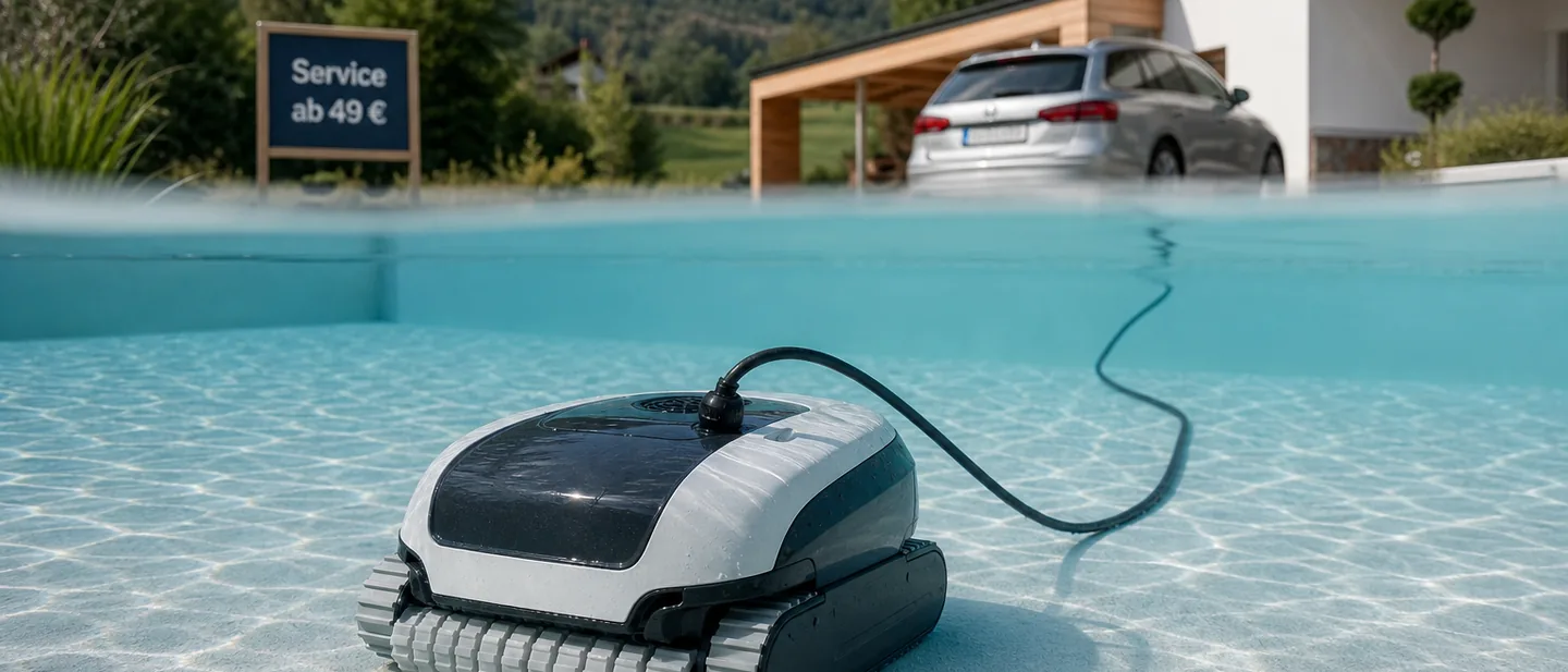 Poolroboter arbeitet sich über den hellen Beckenboden, Kabelspur dahinter
