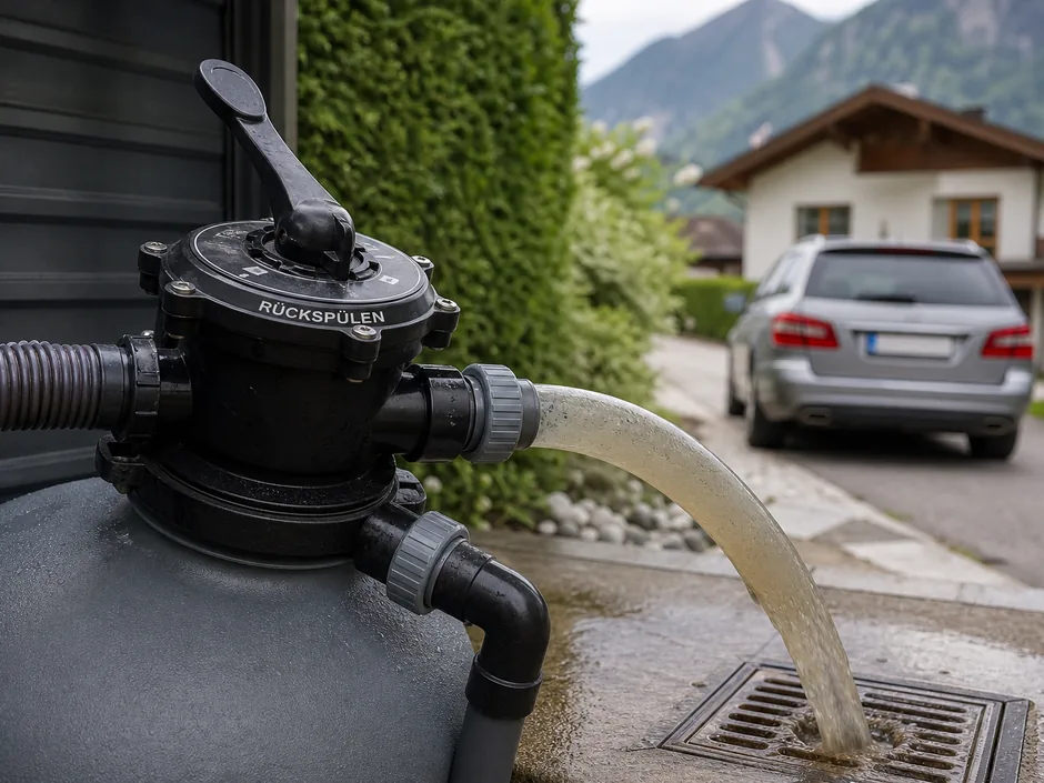 Rückspülvorgang am Sandfilter, das Mehrwegeventil steht auf Rückspülen
