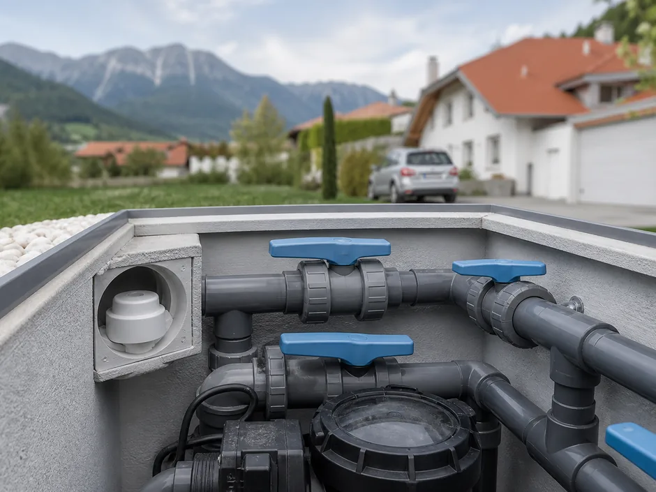 Entleerte Verrohrung im Technikschacht mit offenen Kugelhähnen und Frostschutzstopfen