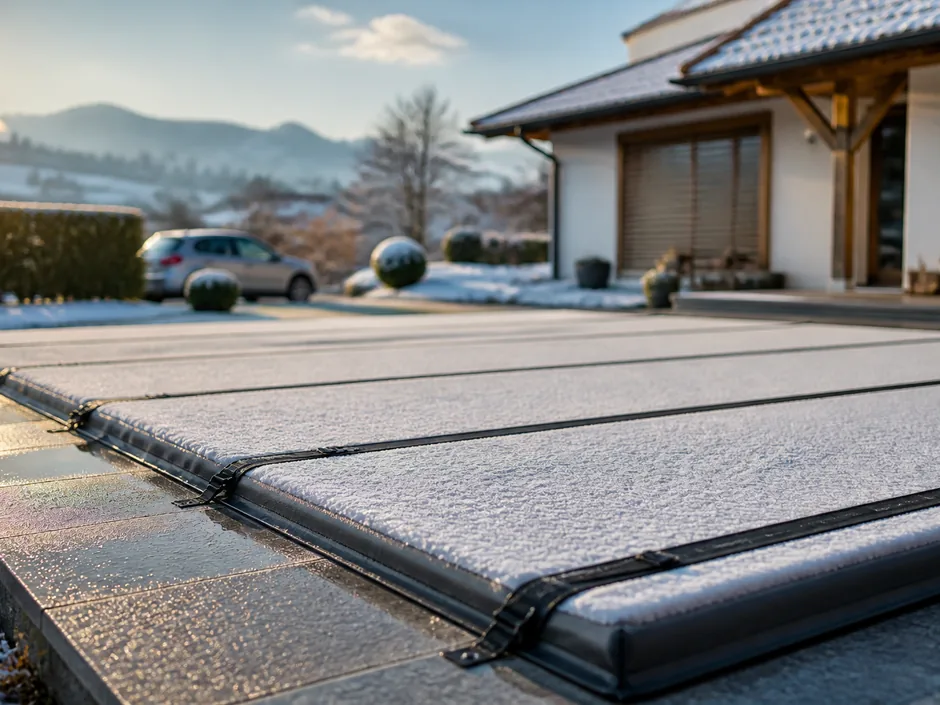 Gespannte Winterabdeckung über dem Becken mit einer dünnen Schneeschicht