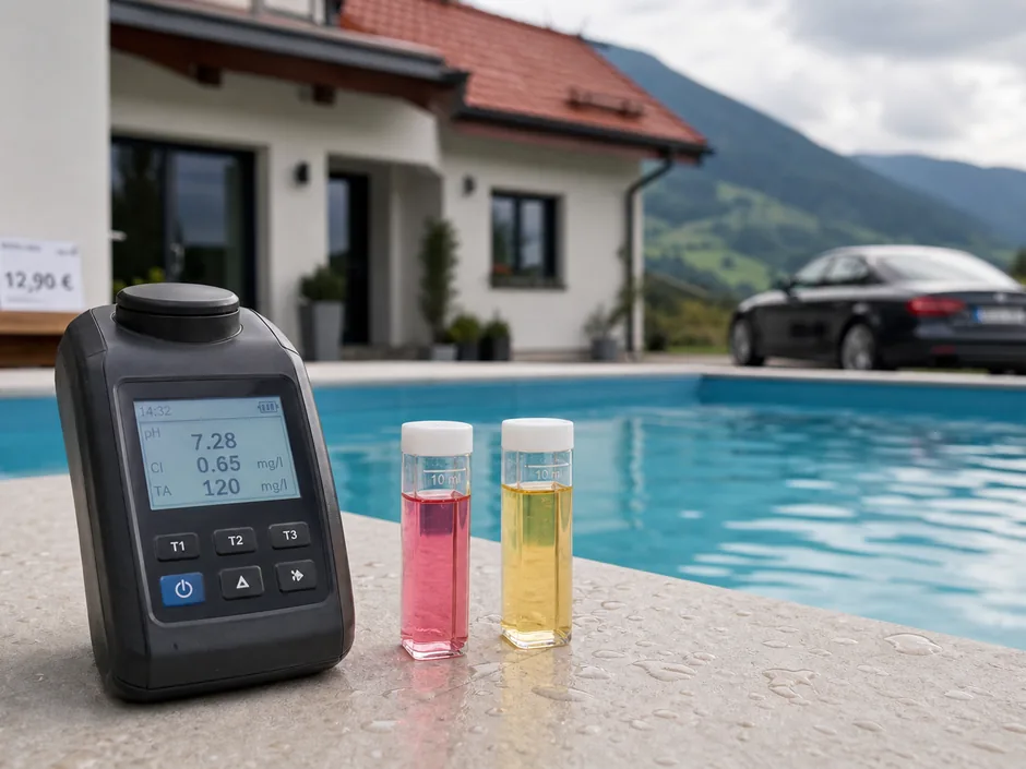 Photometer auf dem Beckenrand mit zwei Küvetten eingefärbter Wasserproben