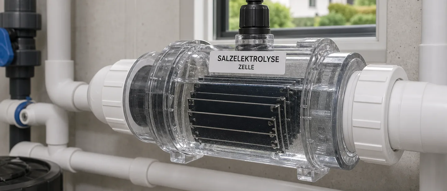 Salzelektrolyse-Zelle mit Titanplatten, eingebaut in die Verrohrung