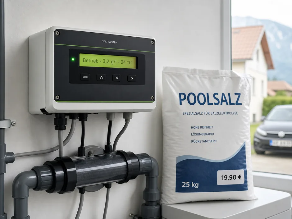Steuergerät der Salzanlage an der Technikraumwand, daneben ein Sack Poolsalz
