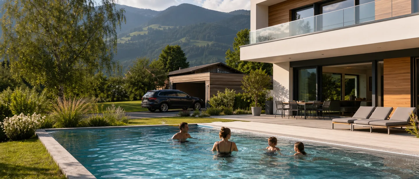 Familie im Becken mit weichem, klarem Wasser an einem Sommernachmittag