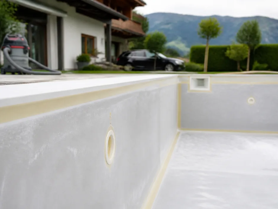 Leeres Becken mit angeschliffenen, mattierten Wänden und abgeklebten Kanten