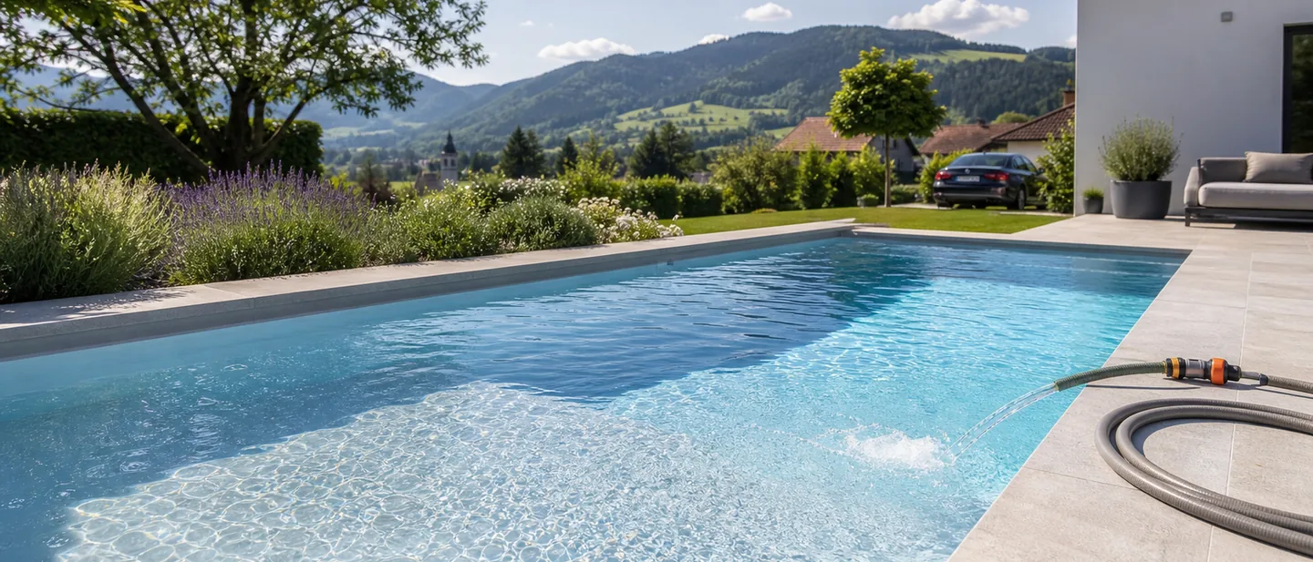 Das neu beschichtete Becken wird befüllt, das Wasser steht knietief