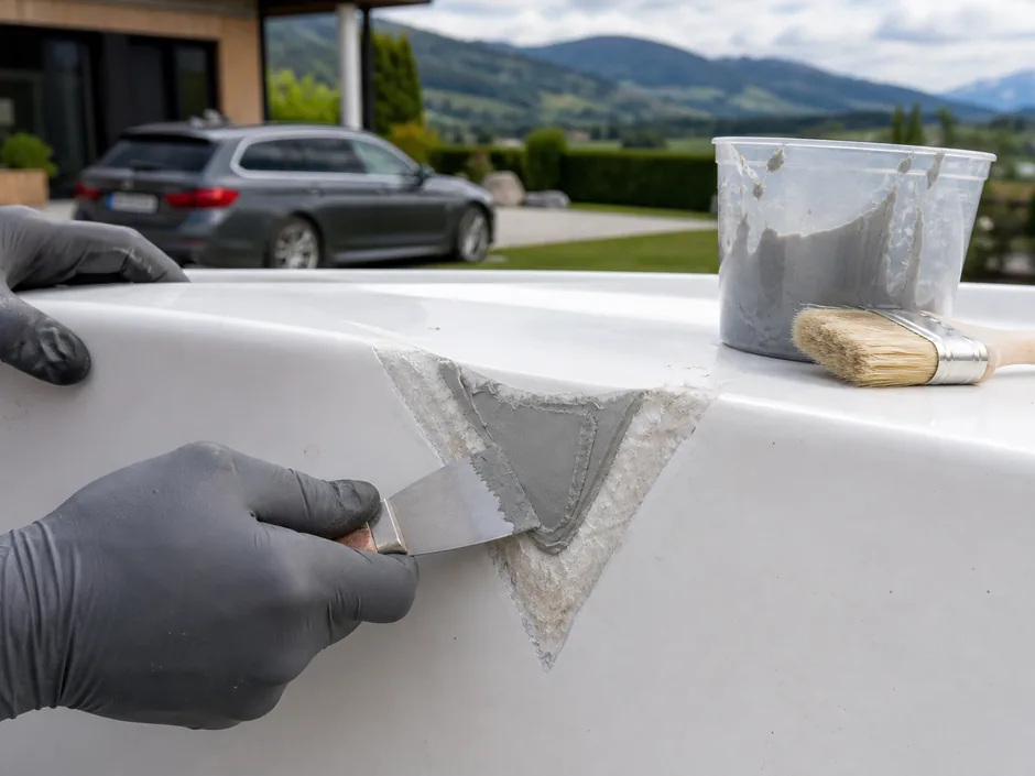 Handwerker trägt Reparaturharz mit dem Spachtel in die vorbereitete Stelle ein