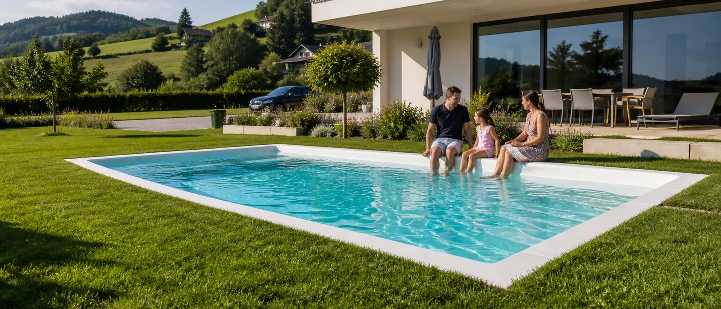 Frisch eingebautes GFK-Becken mit Familie am Rand, Rasen neu verlegt