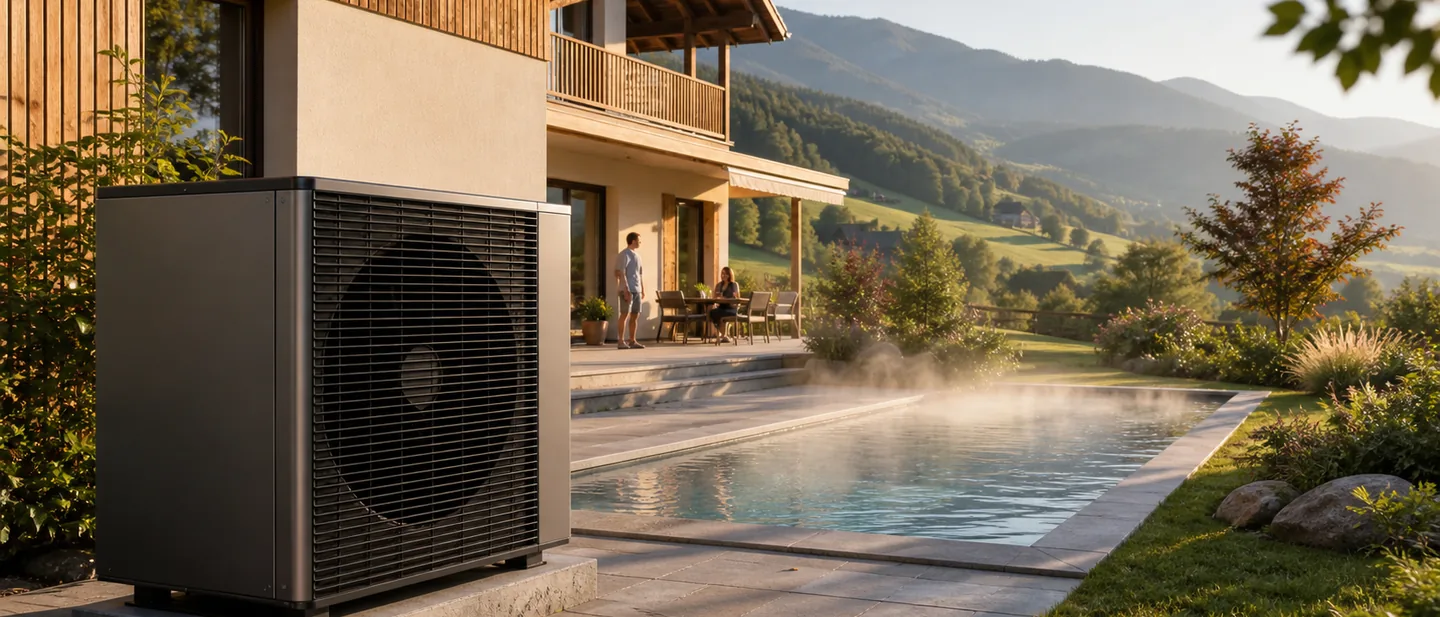 Panorama über Terrasse und Becken am Morgen, im Vordergrund die Wärmepumpe