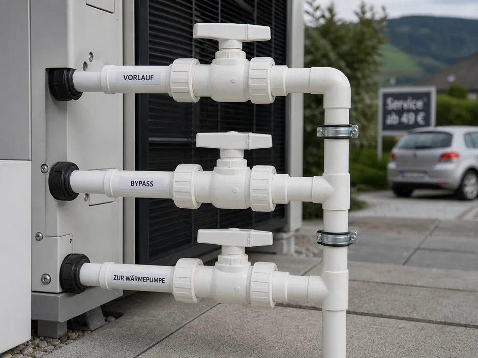 Bypass-Verrohrung mit drei Kugelhähnen an einer Pool-Wärmepumpe