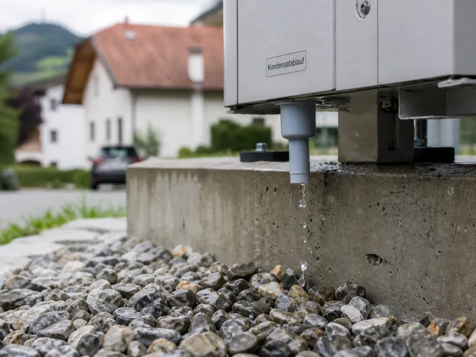 Kondensatablauf unter der Wärmepumpe, Wasser tropft in ein Kiesbett