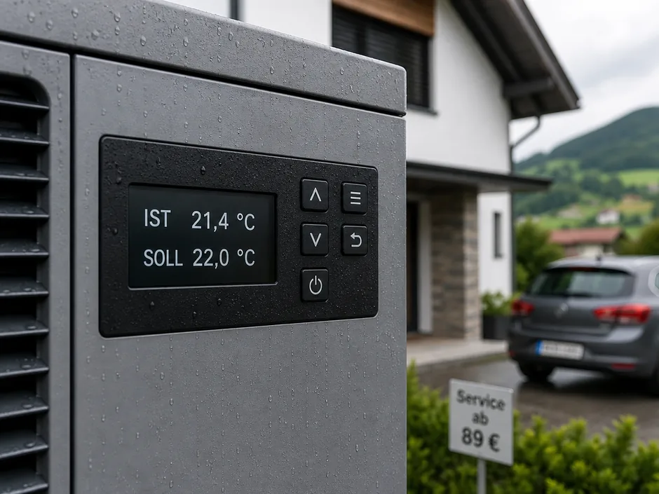 Digitalanzeige einer Wärmepumpe mit Ist- und Solltemperatur