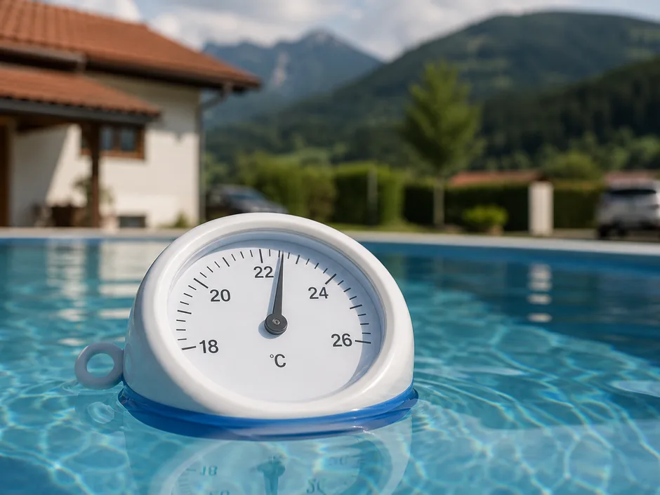 Poolthermometer an der Wasseroberfläche mit gut lesbarer Skala